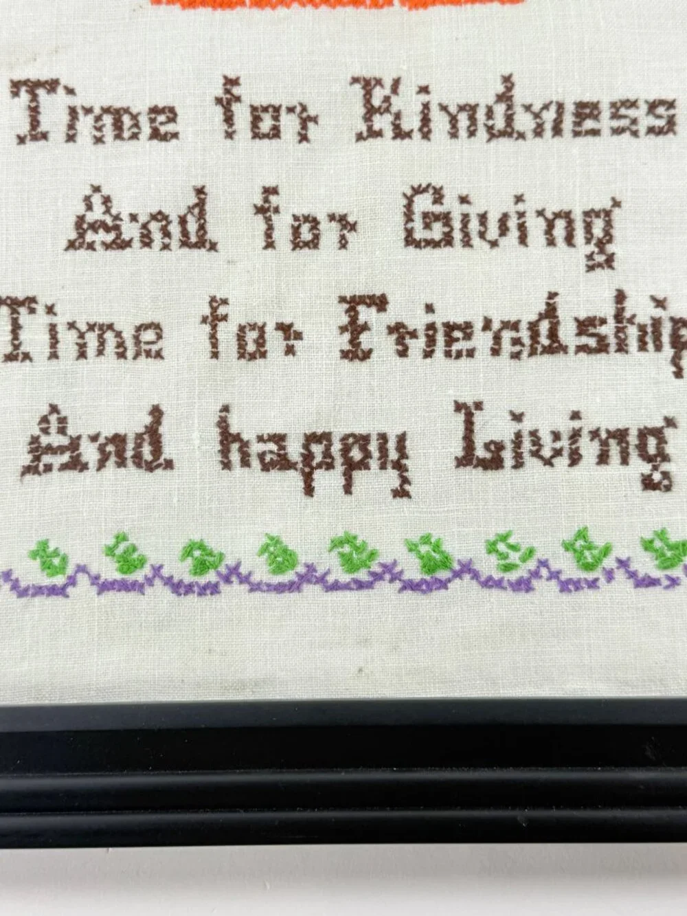 Vintage Handmade Cross Stitch Art Time For Kindness In Wooden Frame 15x12